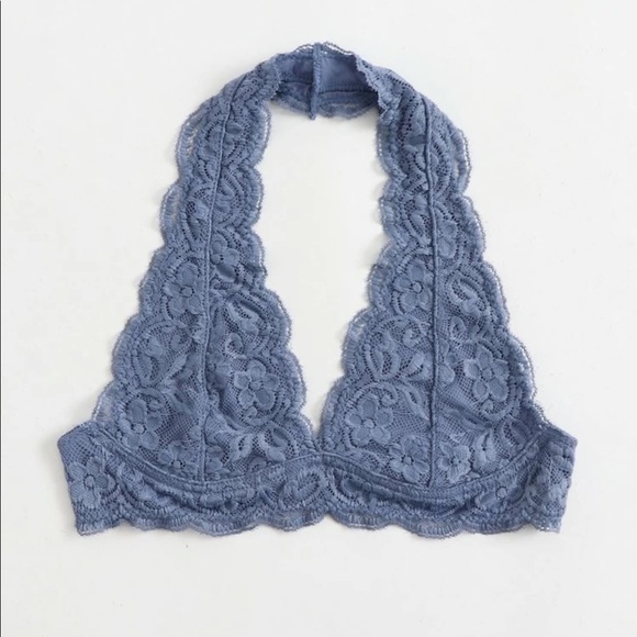 DUSTY BLUE PLUNGING FLORAL LACE HALTER BRALETTE - Picture 3 of 7